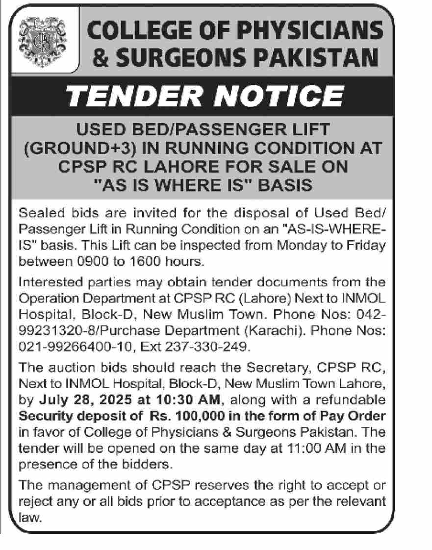 College of Physicians & Surgeons Pakistan Tender Notice